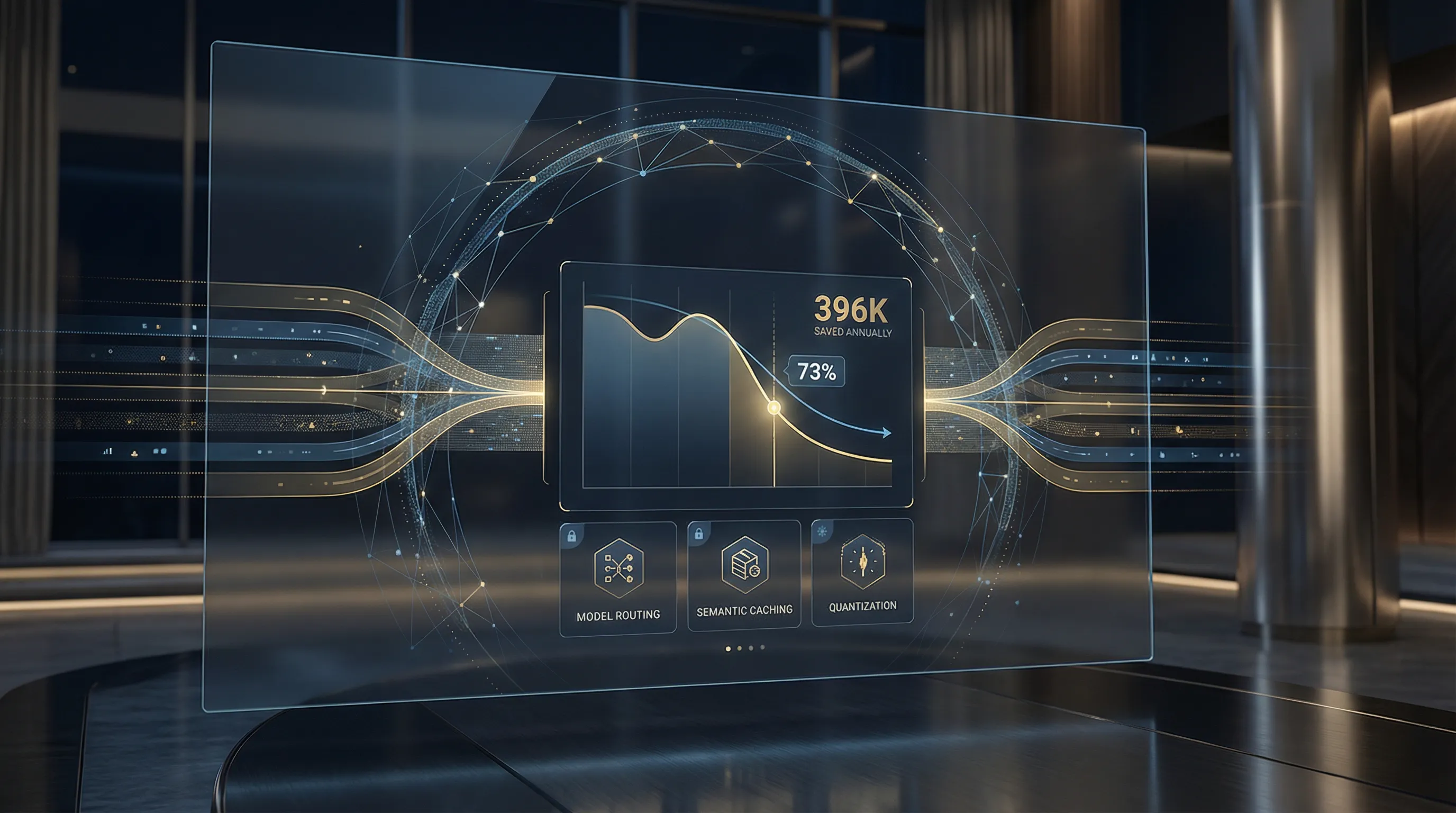 Business analytics dashboard displaying 73% AI cost reduction metrics